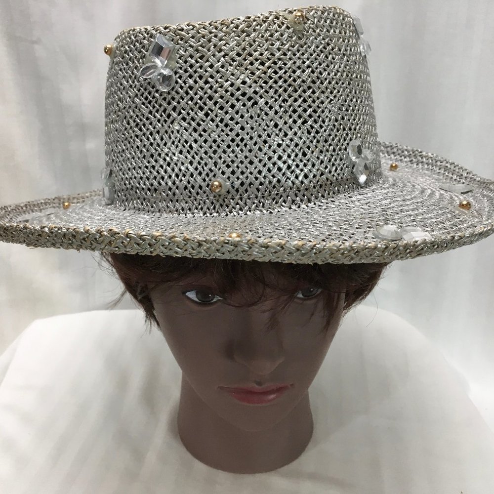 Silver Straw Hat with Silver Rhinestones and Golden Beads